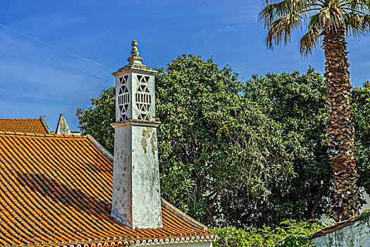 烟囱,瓷砖,屋顶,棕榈树,树,城镇,葡萄牙,普通,场景,象征