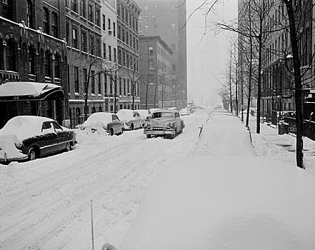 美国,纽约,地点,靠近,街道,积雪,汽车,线条,路边