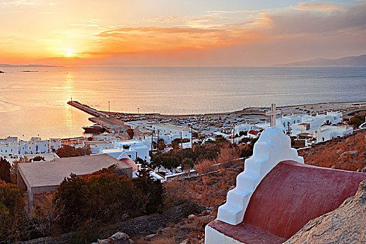 米克诺斯岛,湾,俯视,日落,希腊