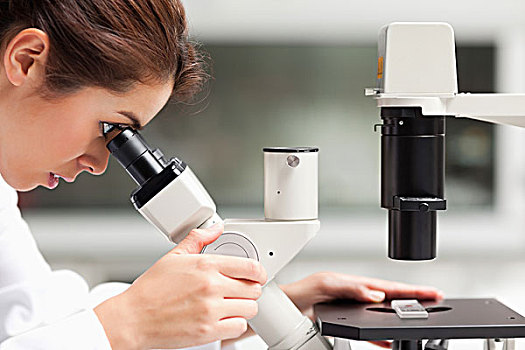 特写,女性,科学,学生,张望,显微镜