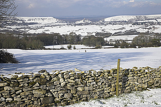 英格兰,城堡,石墙,乡村,珀贝克,山,重,降雪