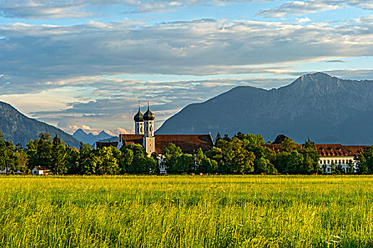 大教堂,本笃会修道院,本尼特伯扬,后面,左边,右边,阿尔卑斯山,背影,多,山脉,上巴伐利亚,巴伐利亚,德国,欧洲