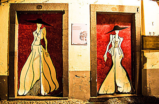 马德拉岛,岛屿,街道,两个女人,涂绘,两个,门