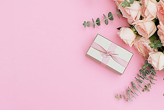 礼物,盒子,花,粉色,桌子,俯视,卧