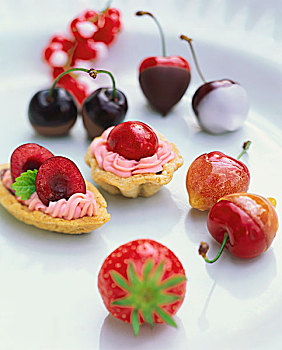 小,樱桃,奶油蛋糕,糖衣樱桃,草莓