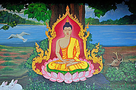 佛教,壁画,沉思,佛,寺院,庙宇,泰国,亚洲