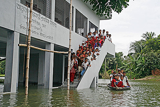 学生,家,船,课外,洪水,区域,达卡,孟加拉,八月,2007年