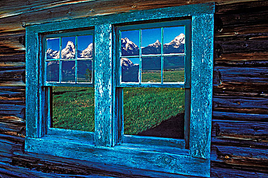 美国,怀俄明,大台顿国家公园,大提顿山,山,反射,窗玻璃,日出