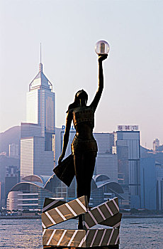 中国,香港,九龙,尖沙嘴,铜像,城市天际线,背景