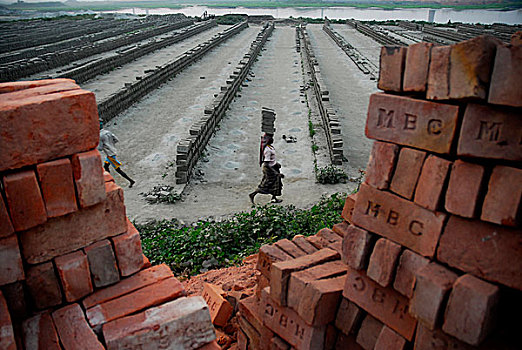 工人,泥砖,燃烧,砖,地点,工作,黃昏,达卡,孟加拉,一月,2007年