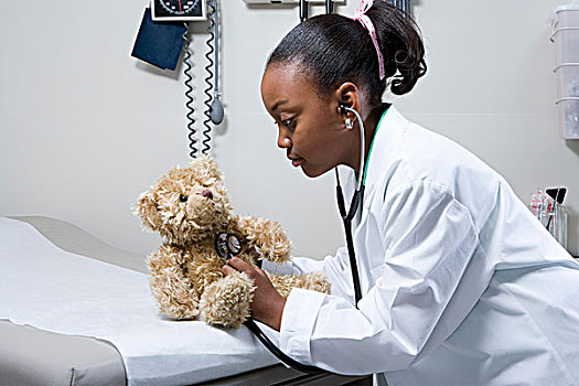 女孩,医生,听诊器,泰迪熊