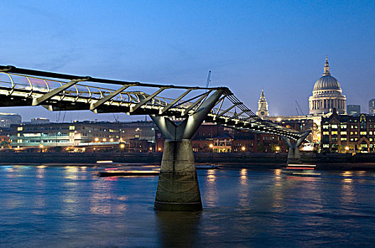 千禧年,桥,上方,泰晤士河,大教堂,夜晚,伦敦,英格兰,英国,欧洲
