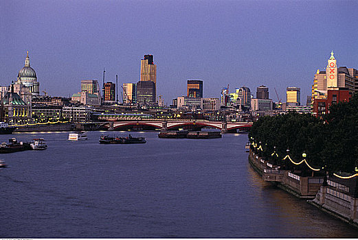 城市天际线,河,黄昏,伦敦,英格兰