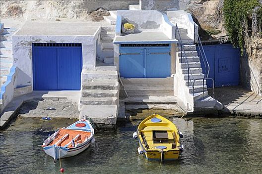 彩色,渔船,蓝色,木质,车库,基克拉迪群岛,希腊,欧洲
