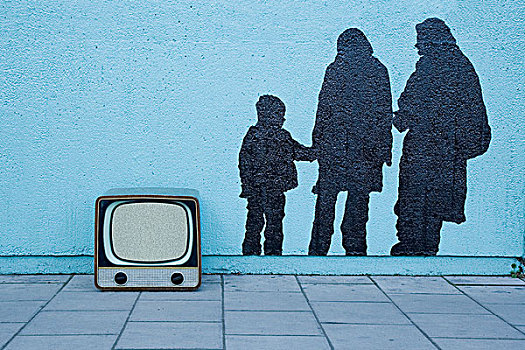 复古,电视,蓝色,墙,壁画,三个人