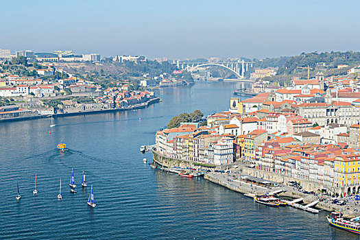 帆船,杜罗河,欧洲,河,桥,远景,海岸线,波尔图,葡萄牙