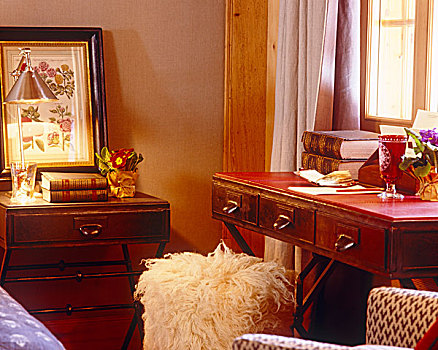 特写,相配,黑色,红色,皮革,书桌,床头柜,卧室