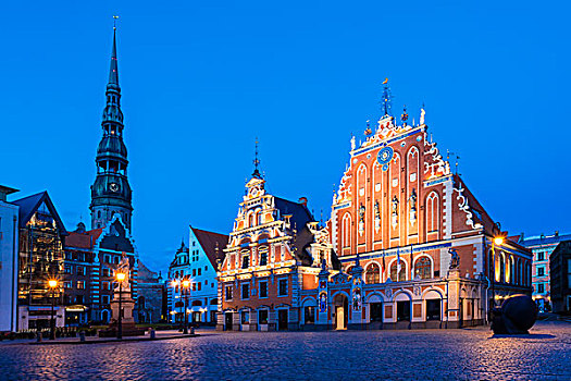 房子,教堂,市政厅,历史,中心,蓝色,钟点,黃昏,世界遗产,里加,拉脱维亚,欧洲