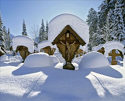 积雪,墓地,冬天,上巴伐利亚,巴伐利亚,德国
