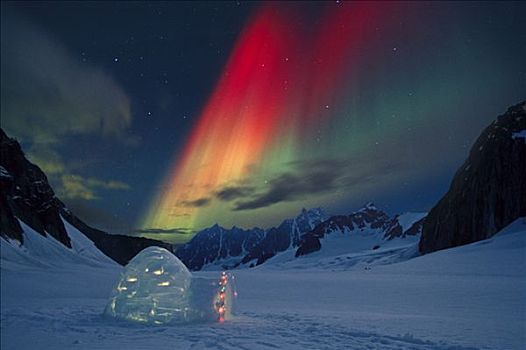北极光,上方,装饰,圆顶小屋,冬天,阿拉斯加,合成效果