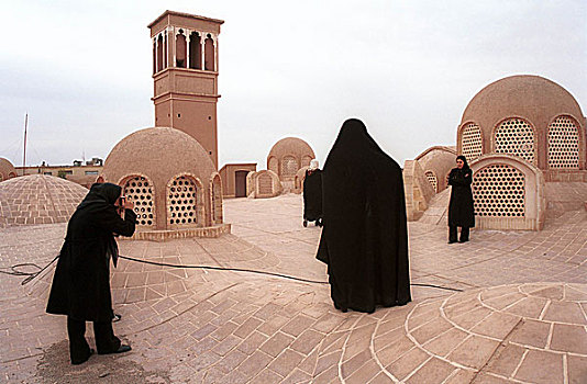 伊朗人,女人,屋顶,老,房子,城市,著名