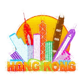 香港,城市天际线,圆,彩色,印象派,插画