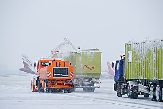 雪,冬天,吹雪机,卡车,飞机,区域,西部,1号航站楼,慕尼黑机场,巴伐利亚,德国,欧洲