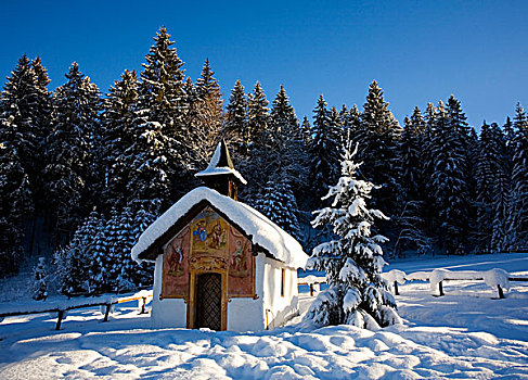 冬天,积雪,小教堂,靠近,上巴伐利亚,巴伐利亚,德国,欧洲