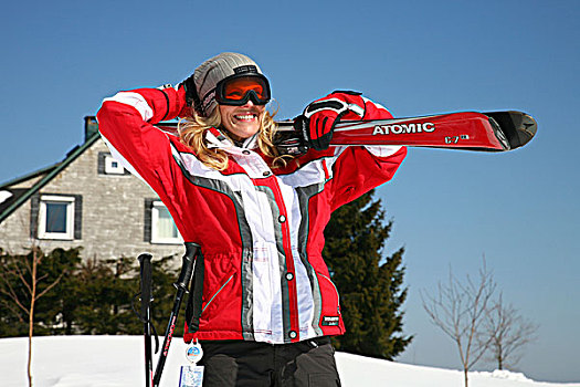 女青年,25岁,滑雪,肩部,靠近,山峦,图林根州,德国,欧洲