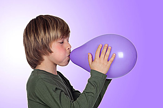 可爱,男童,吹,向上,紫色,气球