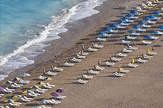 俯拍,沙滩伞,休闲椅,海滩,罗得斯,多德卡尼斯群岛,希腊