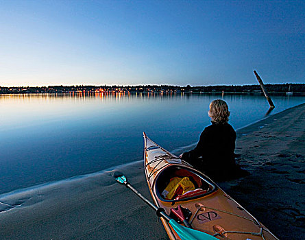 孤单,皮划艇手,日落,后视,温哥华岛,不列颠哥伦比亚省,加拿大