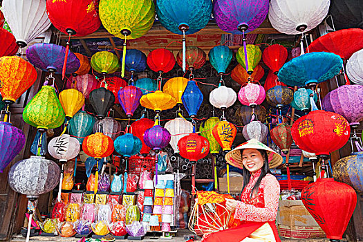 女青年,制作,纸灯笼,市场货摊,会安,越南