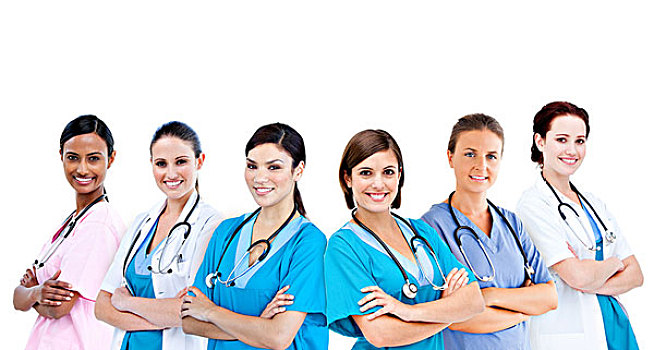 微笑,女性,医院,工人,站立,抱臂,排列,白色背景,背景