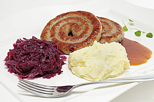 德国香肠,红色,卷心菜,土豆,浇汁