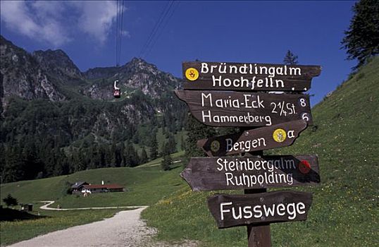标志牌,远足,小路,山,巴伐利亚,德国,风景,山峦,索道,蓝天,农舍