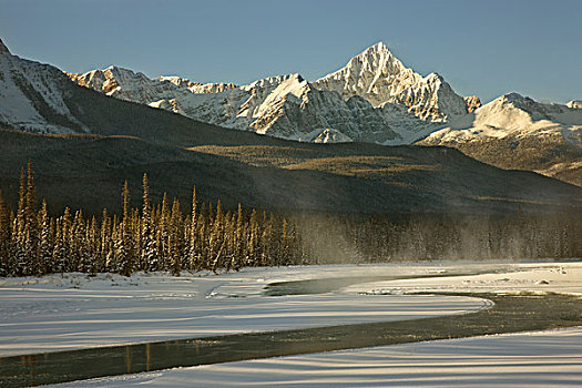 加拿大,艾伯塔省,碧玉国家公园,蒸汽,阿萨巴斯卡河,靠近,山