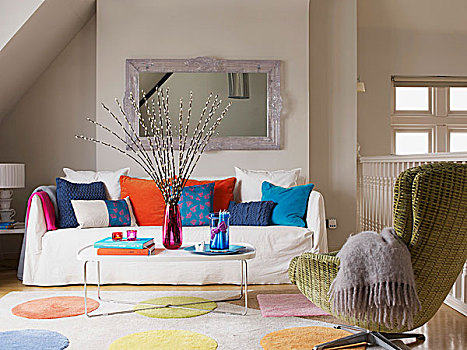 沙发,散落,垫子,不同,彩色,藤条,旋轴,椅子,地毯,夹楼