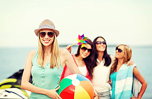 暑假,度假,海滩,活动,女孩,球,朋友