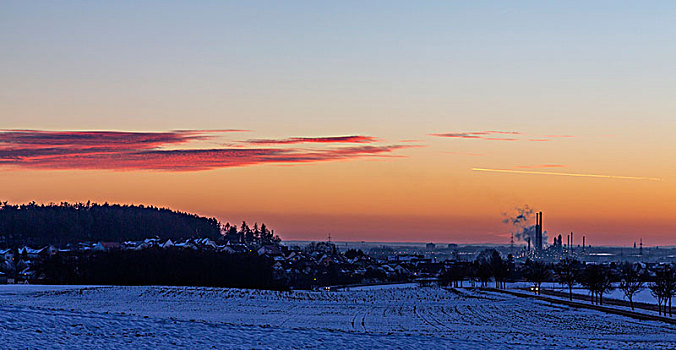 日落,靠近,因格尔斯塔德特,冬天,巴伐利亚,德国
