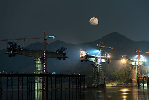 月光下的中老铁路琅勃拉邦湄公河特大桥的施工现场