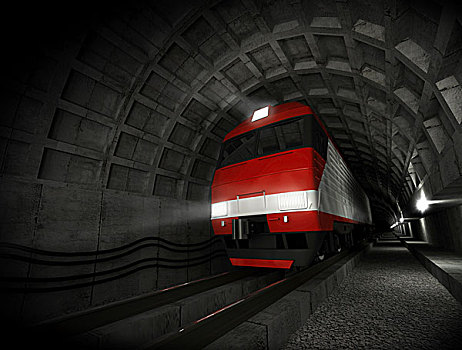 现代,迅速,红色,白色,电,列车,暗色,隧道