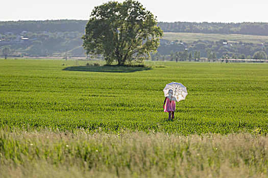 女孩,走,地点,伞,防护,太阳