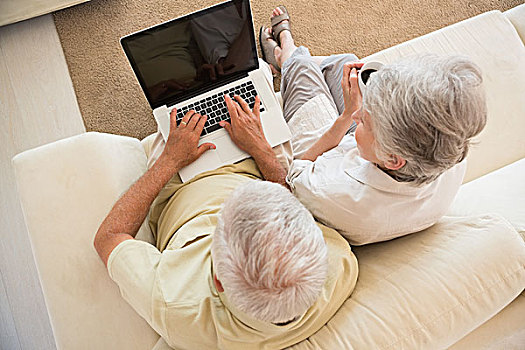 愉悦,老年,夫妻,笔记本电脑,一起,沙发