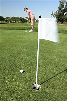 高尔夫旗,洞,女人,背景