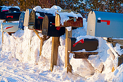 美国,佛蒙特州,积雪,邮箱,晴朗,冬天,下午