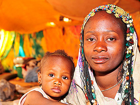 女人,头饰,孩子,阿德拉尔,区域,毛里塔尼亚,非洲