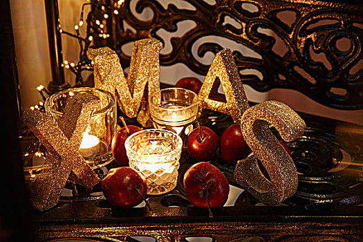 圣诞节,安放,文字,茶烛,固定器具,彩灯,红苹果