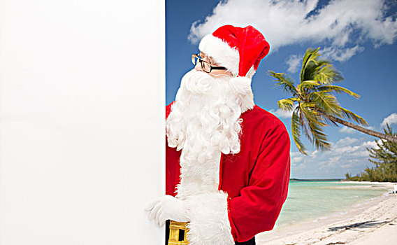 圣诞节,休假,广告,旅行,人,概念,男人,服饰,圣诞老人,白色,留白,广告牌,上方,热带沙滩,背景