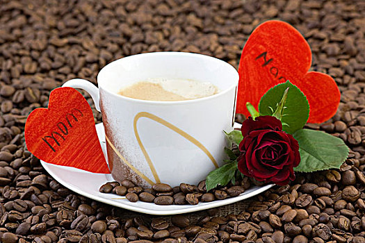 咖啡杯,红玫瑰,心形